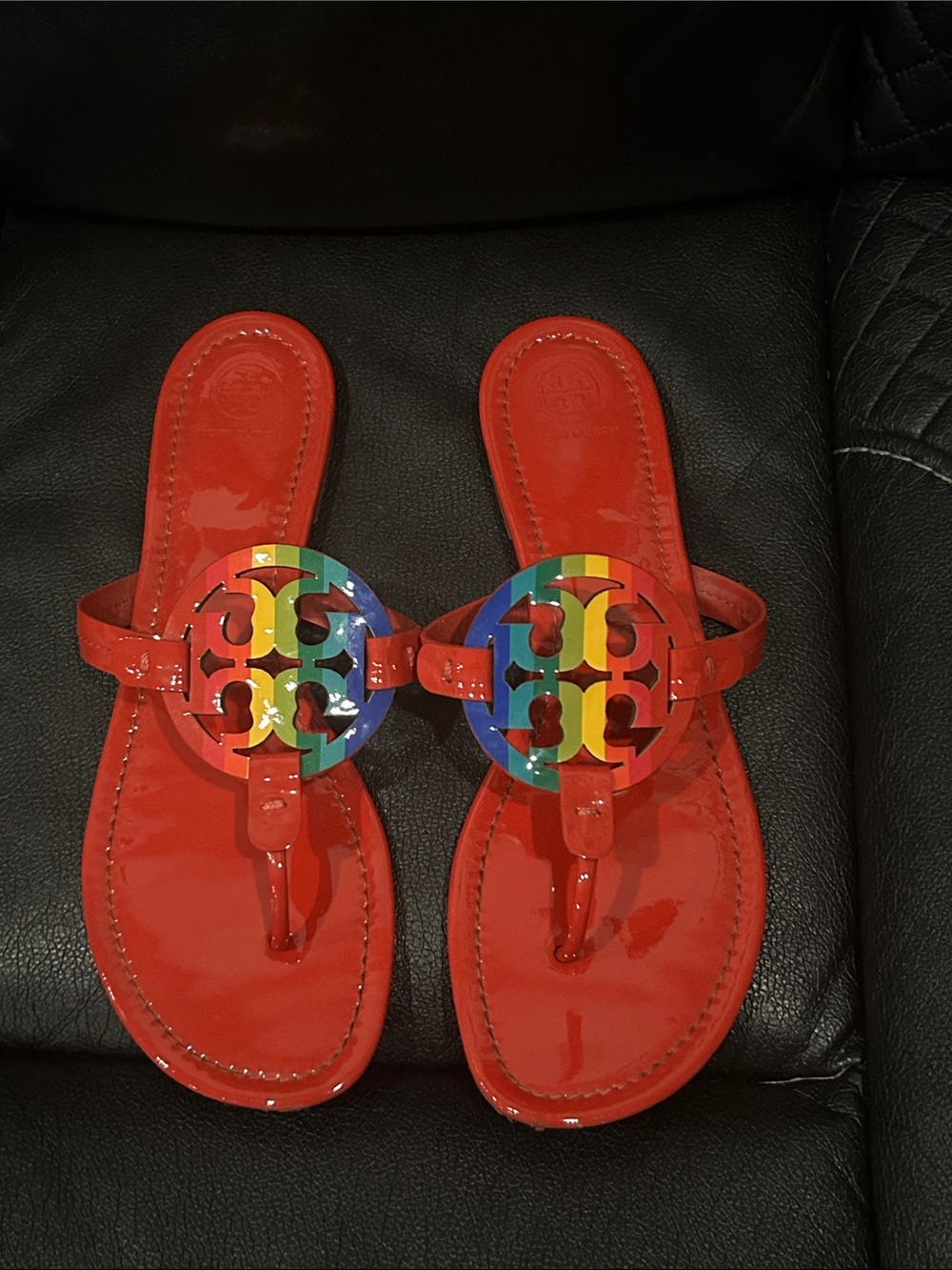 Tory Burch Red Patent Miller Sandals with Rainbow Logo